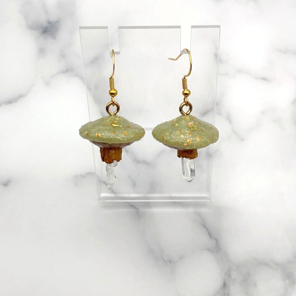 Green Mushroom Quartz Crystal Earrings | Polymer Clay Dangle with Moon and Star - Picture 3 of 10